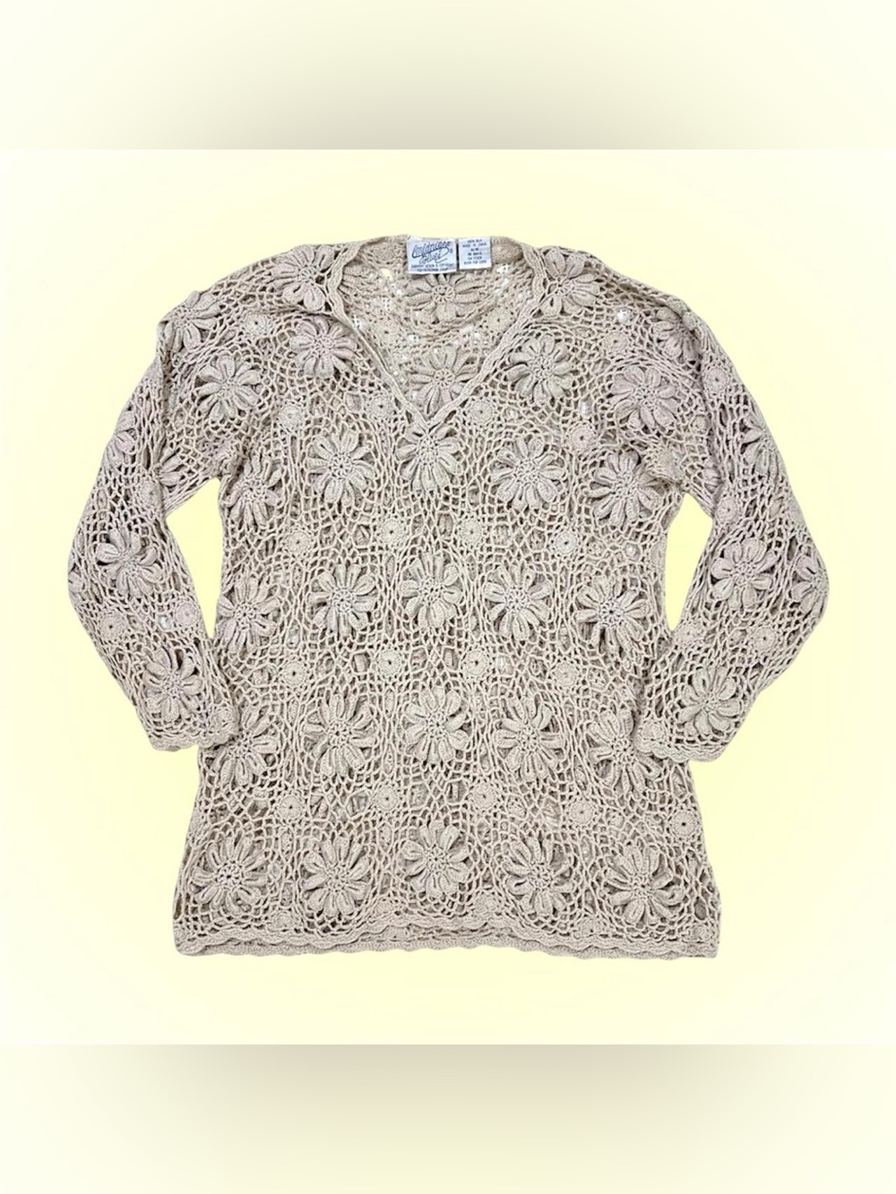 Beige 100% Silk Boho Openwork Floral Crochet Top